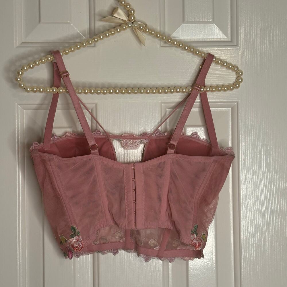 Victoria's Secret Floral Embroidered Bustier Crop Top Pink Mesh Size Small DD - Picture 2 of 6